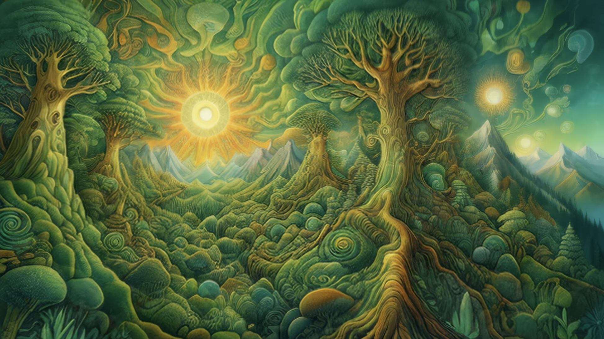 A vast, swirling psychedelic landscape with multiple suns, the climax of this 4K trippy visual journey.